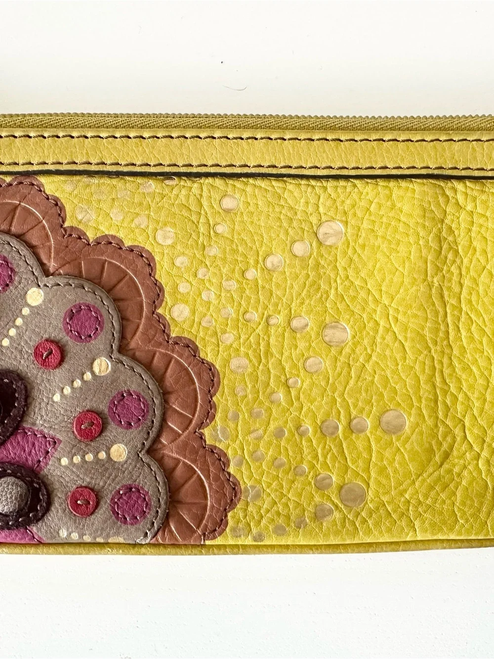 Fossil Chartreuse Leather Wristlet Clutch Applique Boho